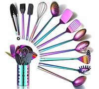 Rainbow - Juego de utensilios de cocina de 13 piezas de acero inoxidable con chapado en arco iris de titanio, juego de herramientas de cocina con soporte para utensilios de cocina antiadherentes,