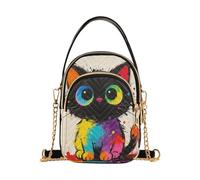 Rainbow Little Black Cat - Bolso cruzado acolchado para teléfono, mini bolso de poliéster ultrasónico con correa de cadena dorada desmontable
