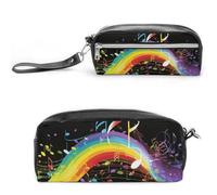Rainbow Musical Note Melody Estuche para lápices de piel de gran capacidad con cierre, bolsa de maquillaje portátil pequeña, organizador de suministros de oficina para mujeres y hombres