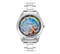 Rainbow Over The Sea Clouds and Beach Starfish - Reloj casual para hombre con correa de acero inoxidable, aleación de cuarzo, reloj de pulsera
