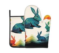 Rainbow Rabbit - Juego de 2 guantes de horno y soporte para ollas, resistentes al calor, antideslizantes, guantes de cocina y almohadilla para hornear, cocinar, asar a la parrilla