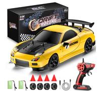 Rainbow Riff 1:14 Drift RC Car, 2.4GHz 28km/h Remote Control Racing Drift Car 4WD RC Drift Car, RTR with Led Light, Vehicle High Speed Racing RC Drifting Car Gift for Kids Children（Yellow）