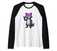 Rainbow Shades Raccoon Rock Hand Cartoon Spotlight Vibes Art Camiseta Manga Raglan