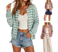 Rainbow Striped Sweater for Women,Cute Button Down Knit Sweater Cardigans | Trendy Colorful Striped Cardigan Sweaters for Women,Loose Fit Fall Winter Open Front Colorblock Crew Neck Cropped Sweaters