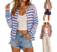 Rainbow Striped Sweater for Women,Cute Button Down Knit Sweater Cardigans | Trendy Colorful Striped Cardigan Sweaters for Women,Loose Fit Fall Winter Open Front Colorblock Crew Neck Cropped Sweaters