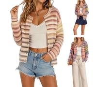 Rainbow Striped Sweater for Women,Cute Button Down Knit Sweater Cardigans | Trendy Colorful Striped Cardigan Sweaters for Women,Loose Fit Fall Winter Open Front Colorblock Crew Neck Cropped Sweaters