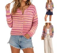 Rainbow Striped Sweater for Women,Cute Button Down Knit Sweater Cardigans | Trendy Colorful Striped Cardigan Sweaters for Women,Loose Fit Fall Winter Open Front Colorblock Crew Neck Cropped Sweaters