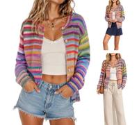 Rainbow Striped Sweater for Women,Cute Button Down Knit Sweater Cardigans | Trendy Colorful Striped Cardigan Sweaters for Women,Loose Fit Fall Winter Open Front Colorblock Crew Neck Cropped Sweaters