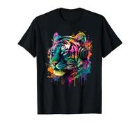 Rainbow Tiger - Auriculares con diseño de Cabeza de Tigre Camiseta gráfica económica, Hombre, Negro, M