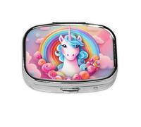 Rainbow Unicorn - Caja de almacenamiento de pastillas cuadrada de viaje, mini pastillero portátil (pastillero de 2 compartimentos), caja de almacenamiento de medicamentos y vitaminas