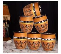 Raincart Juego de 6 tazas de té de terracota Kullad con pintura tradicional Warli, tazas de chai de Kulhad, 220 ml, diseño surtido