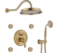 Rainfall Shower System Concealed Shower Faucet Set with Handheld and 9 Inches Rain Shower Head Shower Combo Set with 4 Body Jets Shower Mixer Tap,Brushed Gold