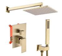 Rainfall Shower System with Handheld Spray Shower Faucet Set Concealed Brushed Gold Shower Combo Set High-Pressure Wall Mounted Square Rain Shower Head Rain Mixer Combo Set,10 Inch