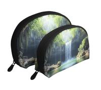 Rainforest - Bolsas de maquillaje con diseño de cascada y río con puente de madera, 2 piezas, portátil, bolsa de aseo de viaje, White, Talla única
