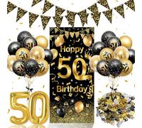 Rainllon Juego de decoraciones de cumpleaños número 50, globos de látex negro y dorado con pancarta de confeti, 45,7 cm, redondo, paquete de 50, diseño específico para la edad para celebrantes de