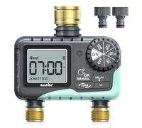 RAINPOINT Programador Riego 2 Salidas, Entrada y Salida de Latón, Temporizador de Riego Automatico Impermeable IP65 con Retraso por Lluvia/Riego Manual, a Pilas, para Jardín, Césped