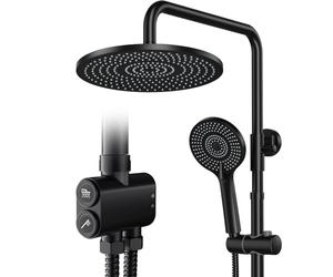 Rainsworth Columna Ducha sin Grifo Negro, Ducha de lluvia redonda de 25 cm, Alcachofa de Ducha, Conjunto de Ducha con Divertidor de botón