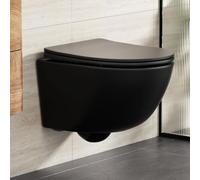 Rainsworth Inodoro colgante sin bordes, fuerte descarga, incluye asiento de descenso automático, inodoro de cerámica compacto, 48,5 cm de largo, fácil de algunos, para ascenso de baño, color negro