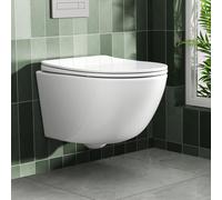 Rainsworth Inodoro colgante sin bordes, fuerte descarga, incluye asiento de descenso automático, inodoro de cerámica compacto, 48,5 cm de largo, fácil de algunos, para ascenso de baño