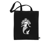 rainUP Bolsa Tote Bag Negra con motivos marinos - Elegancia y Sostenibilidad en Algodón Orgánico 100% Fairtrade. (Sirena)