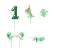 Rainway Juego de 5 velas de cumpleaños de dinosaurio, color verde, 1 y decoración con figura de dinosaurio, hoja, pancarta y guirnalda, juego completo para decoración de mesa y decoración de tartas