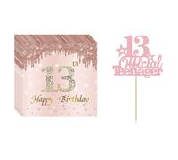 Rainway Juego de decoración de cumpleaños de oro rosa de 21 piezas con 13 adornos oficiales para tartas (15 cm) y 20 servilletas, decoración moderna para fiestas de 13º cumpleaños, amuleto de la