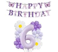 Rainway - Kit de 8 piezas para decoración de cumpleaños de 6 años, con bola de número, 6 globos morados, flor y margarita mate y pancarta feliz cumpleaños mariposa para fiestas tematizadas y