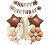 Rainway - Kit de decoración de cumpleaños, 1 año, estilo vintage blanco lechoso, globo flor de aluminio, globo número 1, estrellas marrón, globos de látex y bandera de oso para fiestas y celebraciones