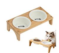 Raised Cat Bowl, Tilted Ceramic Dog Water Dish, 12.6x6.3x3.5in Wooden Base Feeder, Non-Slip Whisker-Friendly Station for Small, Medium, Large Puppies, Kittens, Indoor Use