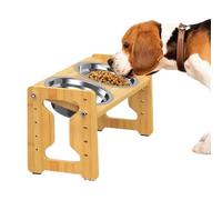 Raised Dog Bowl, Height Adjustable Raised Dog Basin, Stainless Steel Tilted Wooden Double Feeder, Slow Feeding Ergonomic Anti Slip Base for Puppy Eating and Drinking