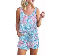 RAISEVERN Mameluco corto casual de verano para mujer, estilo hawaiano, tropical, caracola, algas marinas, sin mangas, con bolsillos, talla S, Concha , Small