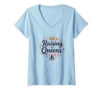 Raising Queens: Regalo de Corona Floral para Hijas empoderando Camiseta Cuello V, Mujer, Azul Bebé, M