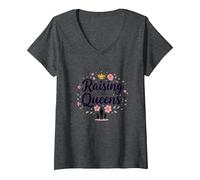 Raising Queens: Regalo de Corona Floral para Hijas empoderando Camiseta Cuello V, Mujer, Jaspeado Oscuro, XXL