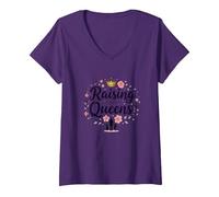 Raising Queens: Regalo de Corona Floral para Hijas empoderando Camiseta Cuello V, Mujer, Morado, L