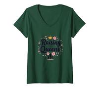 Raising Queens: Regalo de Corona Floral para Hijas empoderando Camiseta Cuello V, Mujer, Verde Bosque, M