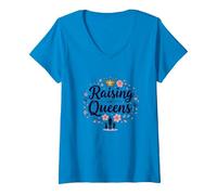 Raising Queens: Regalo de Corona Floral para Hijas empoderando Camiseta Cuello V, Mujer, Zafiro, L