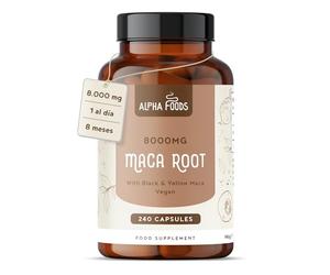 Raíz de Maca Negra Peruana Pura 8000mg | 240 Capsulas Veganas | Extracto 10:1 Maca Root Andina Black y Amarilla | para 8 Meses de Suministro | Sin Aditivos | Alpha Foods