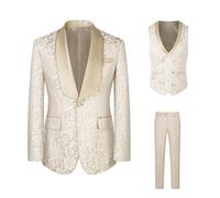 RAJEGAR Paisley - Disfraz para hombre, boda, 3 piezas, Slim Fit Smoking Formal Blazer chaqueta y pantalones para fiestas de boda, cenas de gala, bailes, beige, 46