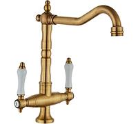 RajoNN Fregadero de cocina de latón con 2 asas montado en cubierta de agua caliente y fría, rotación de 360°, grifos de fregadero de cocina comercial, estilo europeo, cepillado