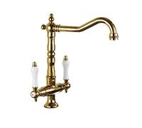 RajoNN Fregadero de cocina de latón con 2 asas montado en cubierta de agua caliente y fría, rotación de 360°, grifos de fregadero de cocina comercial, estilo europeo, dorado