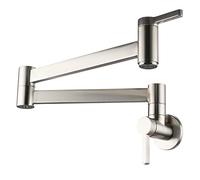 RajoNN Llenador de ollas de latón para agua fría para cocina, comercial, grifos plegables y elásticos de doble articulación, brazos oscilantes de un solo agujero, dos asas, montaje en pared, cepillado