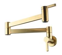 RajoNN Llenador de ollas de latón para agua fría para cocina, comercial, grifos plegables y elásticos de doble articulación, brazos oscilantes de un solo agujero, dos asas, montaje en pared, oro