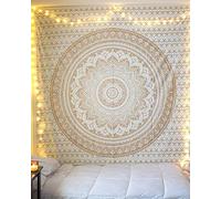 RAJRANG BRINGING RAJASTHAN TO YOU Tapiz de mandala dorado para dormitorio y sala de estar, tapices de algodon para colgar en la pared, degradado dorado y blanco, 90x84 pulgadas
