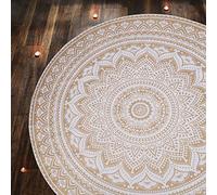 RAJRANG BRINGING RAJASTHAN TO YOU Tapiz Dorado - Mantel Roundie Ombre Mandala redondo grande Boho Chic Algodón Muelle para Picnic y Camping Blanco y Oro - 183 cm