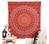 RAJRANG Tapiz de mandala de pavo real de algodón para colgar en la pared, color rojo dorado para dormitorio, sala de estar, 76 x 102 cm