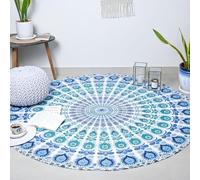 RAJRANG Tapiz redondo de algodón con diseño de pavo real, 182 cm, manta de playa azul cielo, esterilla de yoga, para colgar en la pared, para exteriores y viajes