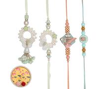 Rakhi Bhaiya Bhabhi Rakhi Lumba Set Bracelets Thread Dora Pack Set of 4 Family Set Puja Thali with MDF Plate Kumkum Platter and Gift Card for Brother Sister Raksha Bandhan Festival (Plate Size:-6")