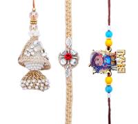 Rakhi Bhaiya Bhabhi Set of 3 Family Set Brother Bhabhi Rakhi Lumba Set Couple Pair Thread Raksha Bandhan Bracelet White Golden Bhai Rakhee Gift Card Pack Brother Sister Indian Traditional Festival