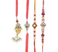 Rakhi Bhaiya Bhabhi veera set Rakhi Lumba Set with dora for Brother Bhabhi set of 4 Family Rakhee Card Gift Pack Thread Bracelet Dori Kalwa for Raksha Bandhan Indian Traditional Festival
