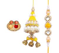Rakhi For Brother Set of 2 Rakhi Lumba Set Couple Pair Bhai Bhabhi Veera Thread Bracelet Dora Yellow Flower Rakhee gift Card pack with Tilak Holder Kumkum Platter Indian Traditional Festival